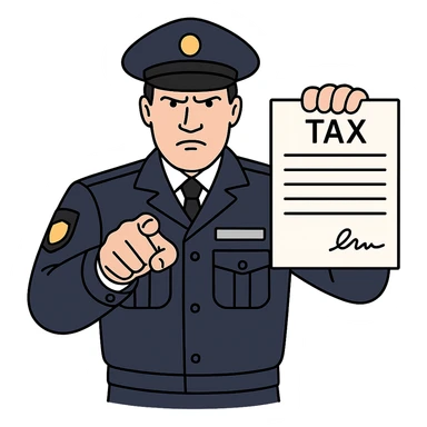 Используя такую стилистику как на картинках сгенерируй инспектора налоговой полиции, который показывает на зрителя декларацию и сурово смотрит, прозрачный фон sticker