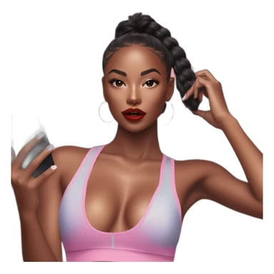 Influencer model with fake lips wearing active wear taking a selfie sticker