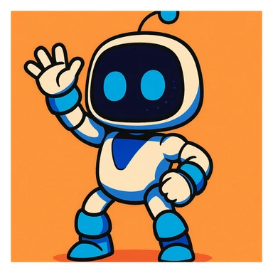 Astro Bot from PlayStation, cute robot with blue and white body, waving, vibrant toon style sticker