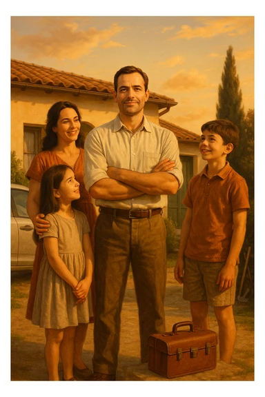 Uomo tra i 35 e i 45 anni, in piedi con postura fiera davanti alla sua casa, circondato dalla famiglia: moglie e figli lo guardano con rispetto e affetto. Indossa abiti semplici ma ordinati, simbolo di lavoro e stabilità (camicia, pantaloni, magari una cassetta degli attrezzi o una valigetta vicino). Sullo sfondo elementi che richiamano i suoi ruoli: casa ordinata, auto familiare, strumenti di lavoro, simboli di protezione e presenza. Espressione serena, forte ma accogliente. Colori caldi, luce naturale del tramonto. Stile realistico, atmosfera rassicurante e simbolica in italia, immagine realistica sticker