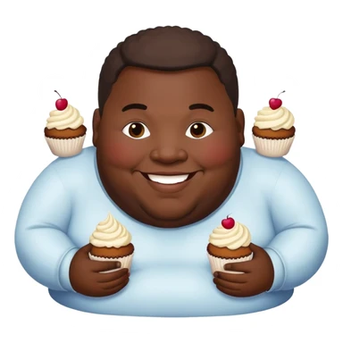 Extremely overweight African American man with a very round face and body, smiling and holding cupcakes sticker