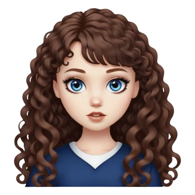 pale skin, brown bangs long curly hair, dark blue eyes, black eyeliner, pretty bratz baddie sticker