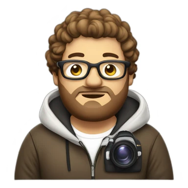 Fat vlogger with camera, hoodie, brown and white hair, rectangular glasses sticker