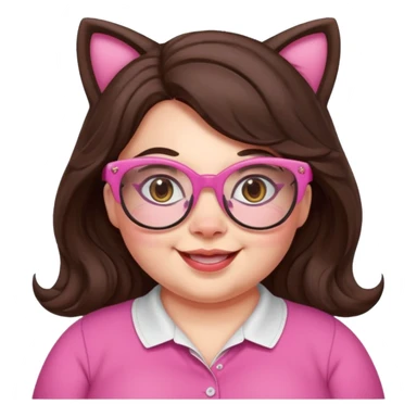 happy beautiful chubby woman English teacher, wavy long dark brown hair, wearing pink cat glasses, only the face, gamer, classroom background, for online classes sticker