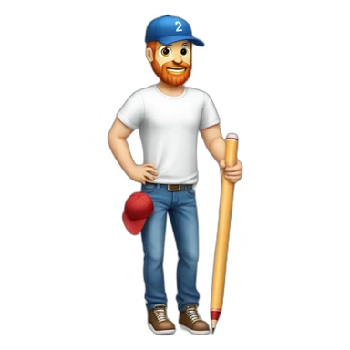 full body white man with red beard wearing baseball hat shirt jeans holding a huge pen w sticker