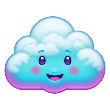 Small cloud with multiple emoji-style expressions (happy, sleepy, mischievous), glowing purple/cyan neon, playful aesthetic. sticker