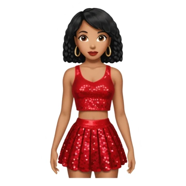 Kelly Rowland with black hair, red sequin crop top and skirt sticker