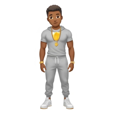Handsome Black guy with brown skin tone, with muscular build, wearing gray sweatpants, a white t-shirt, white Air Force Ones sneakers, a small gold rope chain, and a gold watch  sticker