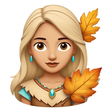 Cinematic Playful Pocahontas Portrait Emoji, Tilting her head with a knowing smirk, holding a delicate autumn leaf, eyes glimmering with adventure, an enchanting blend of confidence and charm, absolutely captivating! sticker