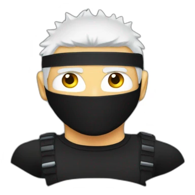 White male with spiky white hair eyes covered with black blindfold wearing a black compression shirt sticker