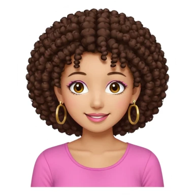 Naturally tan skin girl short darkBrown curly afropink shirt very long lashes hoop gold earrings Brown eyes gyaru smiling closed mouth cute sticker