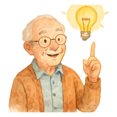 watercolor style elderly man pointing his finger up at a light bulb, pretending that he has an idea sticker