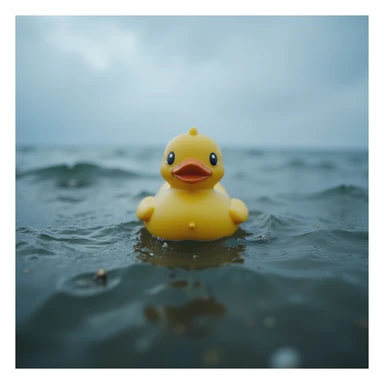  Cinematic still, Extreme Closeup shot of Yellow duck toy on ocean during cloudy day, stormy sea, Camera from top, inspired by interstellar sticker
