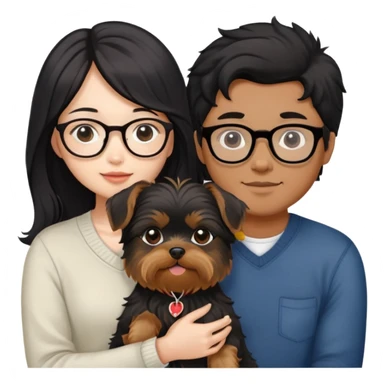 A couple holding a small Yorkshire Terrier together. The girl is Asian with long, luscious wavy black hair (loose, no hair tie). She is next to her boyfriend, a brown-skinned man wearing glasses with a korean haircut sticker