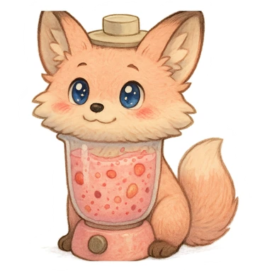 a chibi blender as a soft, fluffy fox with a transparent body filled with fruity smoothie, sparkling eyes, pastel pink, full-body sticker