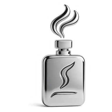 Minimal symbolic icon representing a signature fragrance: abstract vapor or mist emerging from a sleek bottle sticker