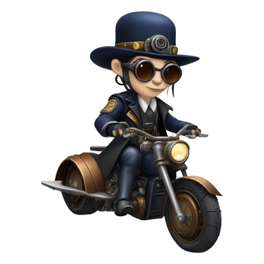 Bounty hunter Wednesday Addams Jedi wearing a pair of navy-blue rimmed steampunk goggles, hat, leather chaps, fringe jacket riding a relaxed sci-fi 3 wheeled steampunk rat rod motorcycle with large fenders and saddlebags in desert town  sticker