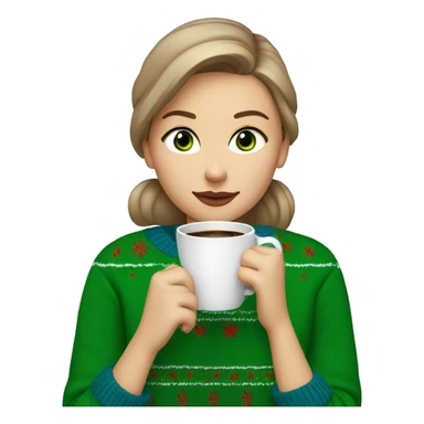 Light brown short haired girl with green eyes drinking coffee wearing blue Christmas sweater sticker