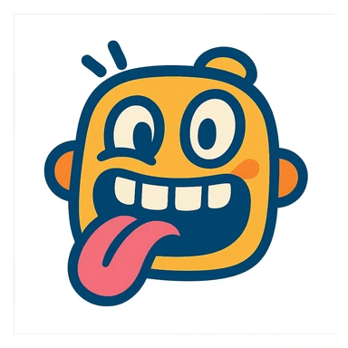 silly face with huge teeth and tongue sticking out, bold lines, vibrant colors, cute style sticker