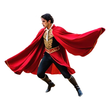 ​Cinematic Realistic Spanish Matador Holding a Red Cape, depicted in mid-action with a vibrant red cape flowing in the wind, dressed in an ornate traje de luces with shimmering details, confronting a charging bull in a dramatic arena, rendered with dynamic motion blur and vivid, high-contrast lighting, sticker