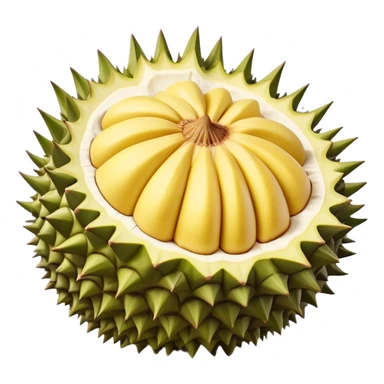 Cinematic Realistic Durian Fruit Dish Emoji, depicted as the notorious spiky fruit with a rich, custardy interior rendered with lifelike detail and bold, distinctive lighting. sticker