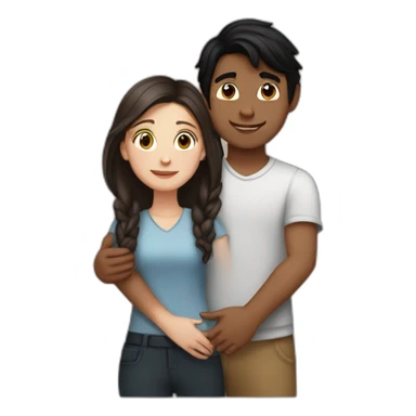 White girl with dark brown hair and indian boy with black hair hug sticker