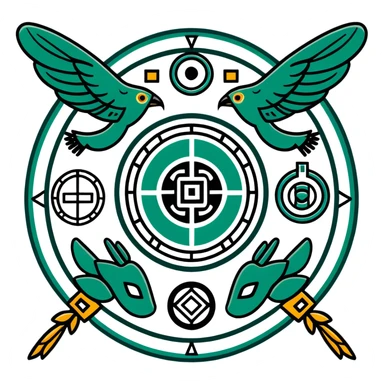 Ancient Maya symbols for message sending and receiving, stylized with authentic Maya animal messengers. Only dark green (#013220) lines on white background, geometric sticker