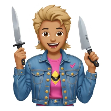 savage person wearing 80s 1988 outfit, denim jacket with shoulder pads, holding a knife, laughing maniacally sticker