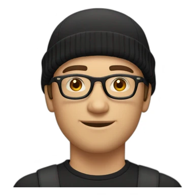 white young man with round glasses and black straight short hair and short black thin beard with a black beanie hat sticker