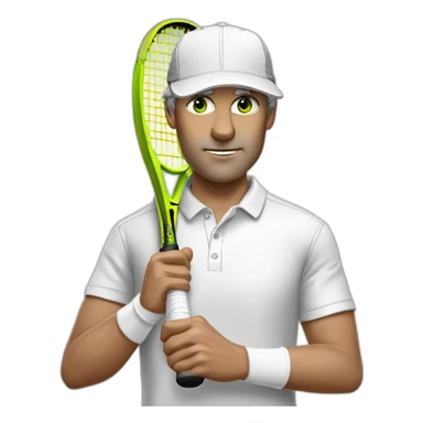 Tennisplayer green-eyed white-male in his 50s,gray-hear and gray-knob, white cap and white-shirt with tennis-raquet and tennis-ball sticker