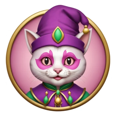court jester cat medieval, single poker card joker clearly visible, pink, face only, round badge,  court jester cap sticker