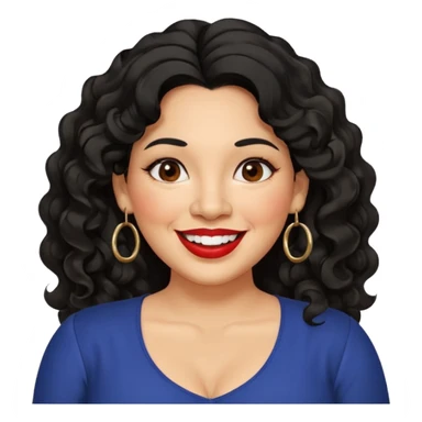 40 yr old Mexican woman, slightly chubby, wavy/curly long black hair, red lipstick, big smile, white teeth, brown eyes, hoop earings, side part to hair, round face, nice blouse, no wrinkle hair side swept, big hoop earing sticker