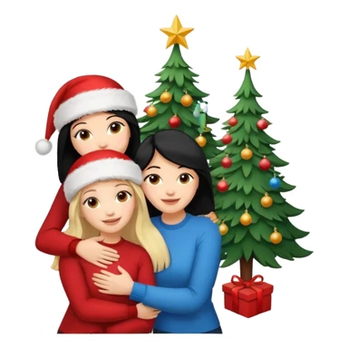 Generate Christmas-style emojis  family. Where light-skinned people stand near the tree all together, hugging and smiling. 2 girl should be Light-haired woman, 1 woman black-haired woman, and 1 man  sticker
