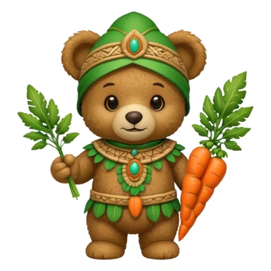 teddy bear, wearing green mayan ancient custome, with carrot sticker