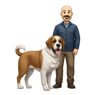 A 50 year old bald man with a short beard and his big Saint Bernard dog sticker