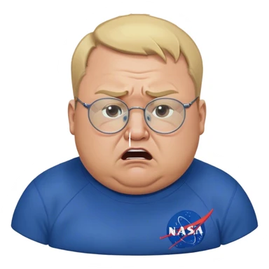 angry fat man, crying like a kid,  blond short and hight receding hairline, wearing a dark blue sweatshirt, nasa logo on the sweatshirt, round glasses without frame, 40 years old sticker