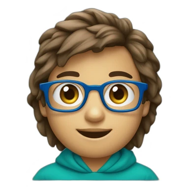 niño 11 años alto delgado con gafas rectangulares azules nariz pequeña sudadera azul, ojos verdes, pelo castaño un poco largo sticker