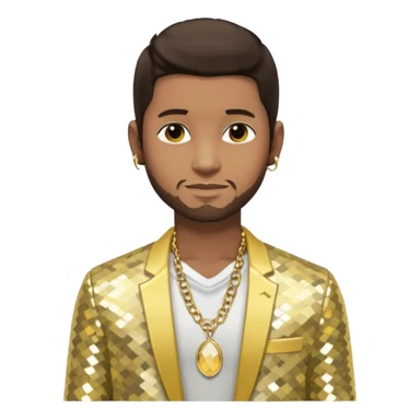 Usher with dark brown hair, pale yellow sequin jacket, shirtless with necklace  sticker