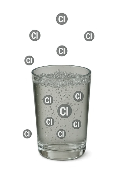 un bicchiere di acqua cade verticalmente dall'alto realistico e dettagliato, dentro l'acqua del bicchiere ci sono particelle di cloro ben visibili con la scritta "Cl" sopra, ci sono particelle anche che escono dal bicchiere e fluttuano in aria verticalmente, mentre alcune sono all'interno dell'acqua nel bicchiere, iperrealistico 4k sticker