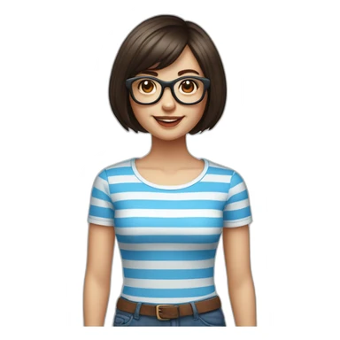 caucasian woman with retro glasses, dark brown hair, a bob haircut, bangs, braces on teeth, blue and white striped t shirt sticker