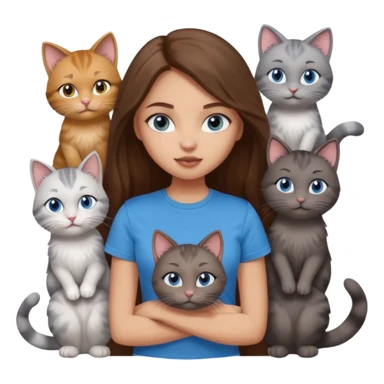a pretty bratz dusky light skin girl with long brown hair, blue eyes with six cats nd wearing a grey tshirt sticker
