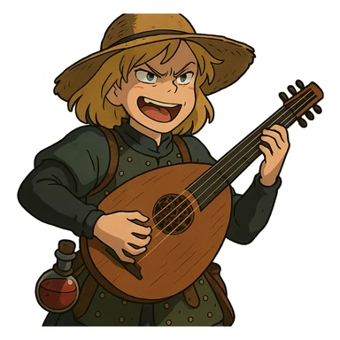 A female bard , blond hair, wearing brigandine armor with a sturdy straw hat, playing a fat medieval lute and singing, night time shadows, tool belt with red potion and bandages, portrait , mischievous grin, anger sticker