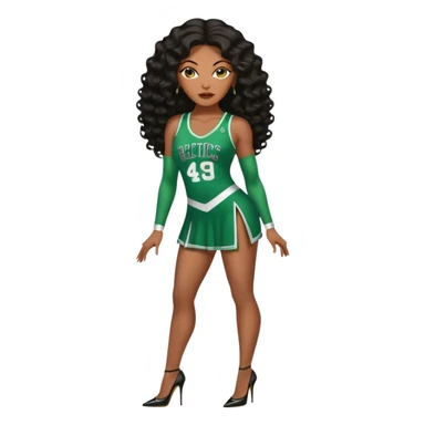 A 45-year-old black woman with brown eyes, long body wave black brown baylaige hair dressed in sexy 
celtics jersey costume outfit and stilettos  sticker