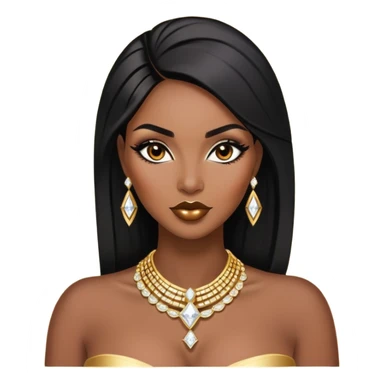 exotic African American woman with dark brown skin, straight black hair, glamorous makeup, gold jewelry, diamonds, curvy and confident, stylish and sexy sticker