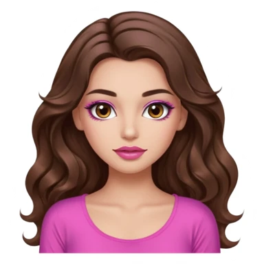 girl with long wavy brown hair, brown eyes, long lashes makeup, sexy pink lips, light to medium complexion, wearing a pink sexy top, no sticker