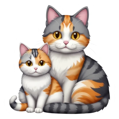 full body colourful light patched calico + white tabby cat cuddling a bigger cat that is dark grey and white tabby cat  sticker