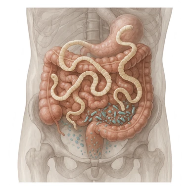 realistic transparent abdomen showing tapeworms and blastocystis in direct competition, disrupted nutrient and microbiome flow, medical illustration sticker