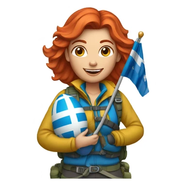 Female red hair mountaineer on mount everest holding greek flag and easter eggs basket sticker