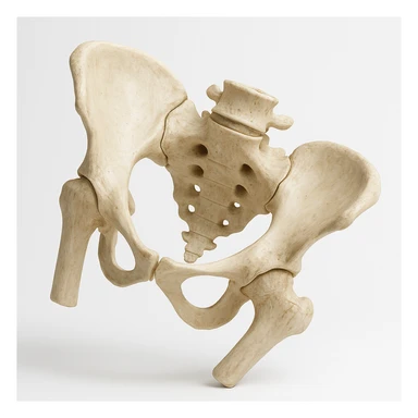 realistic human pelvis tilted, 4K image, anatomical details, pronounced tilt, perspective view, clinical atmosphere, white background sticker