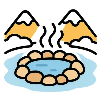 minimalist color icon of a peaceful hot spring in the mountains, snow all around, steam gently rising sticker